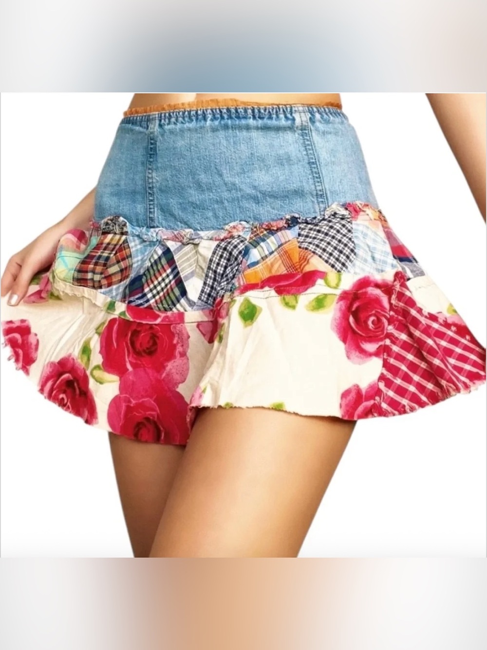 Y2K Low Rise Floral Patchwork Denim Mini Skirt - Size M - MINT